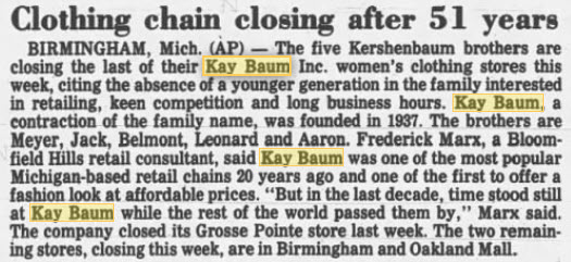 Kay Baum - Feb 1988 Article On Closing